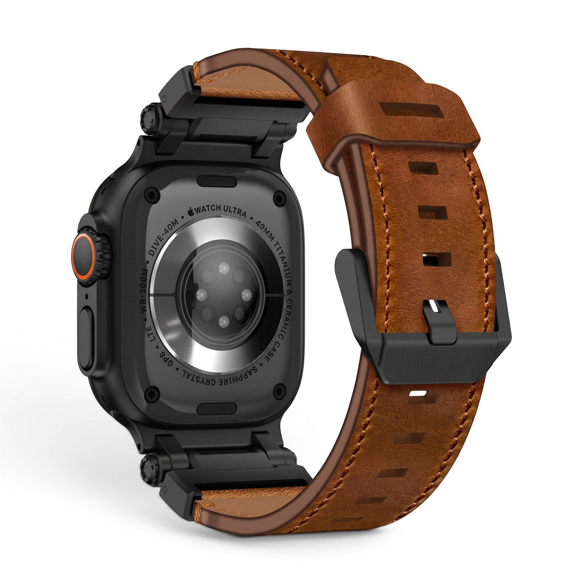 Clipz It Perpetuo brown full-grain leather and brushed titanium watch band attached to a black Apple Watch Ultra.