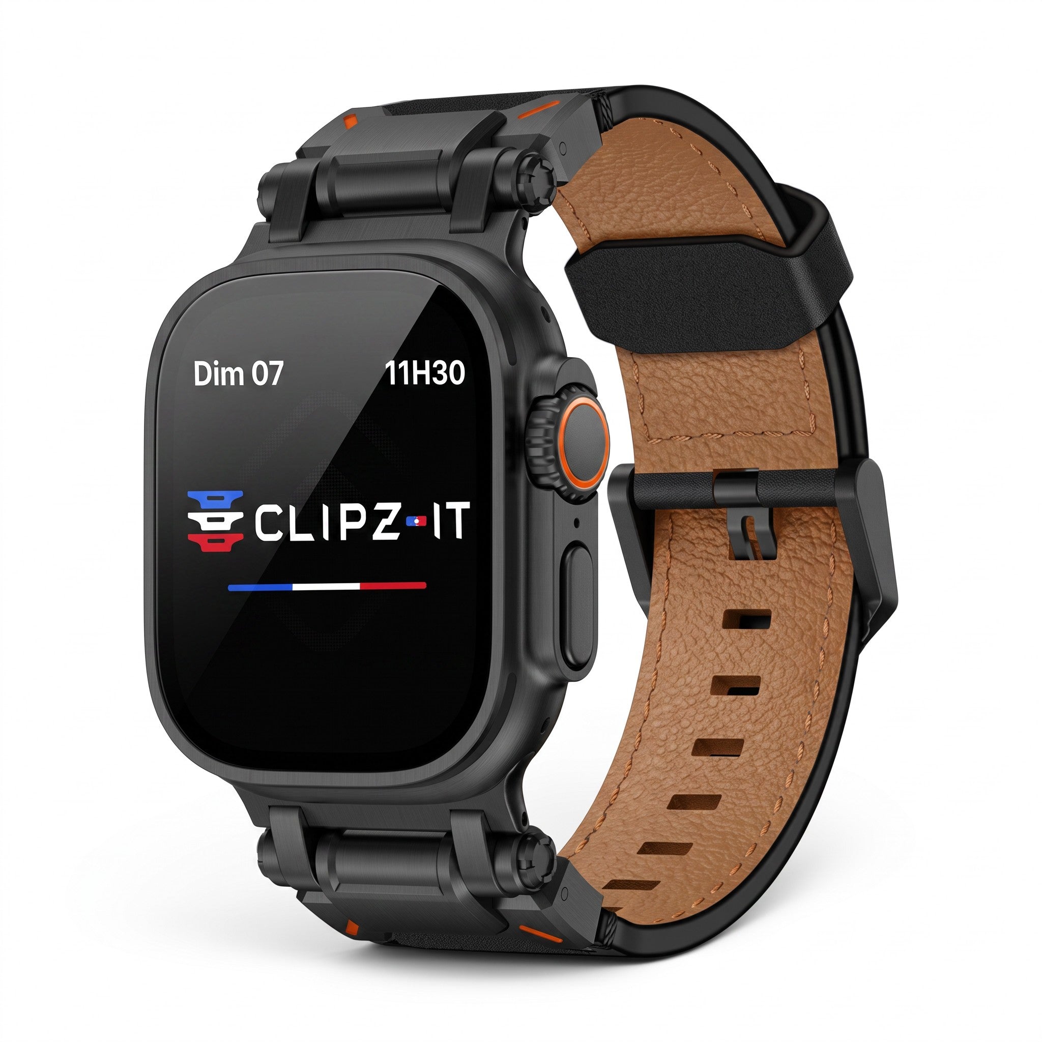 Clipz It Perpetuo leather and titanium watch band on a black Apple Watch with tan leather lining and buckle