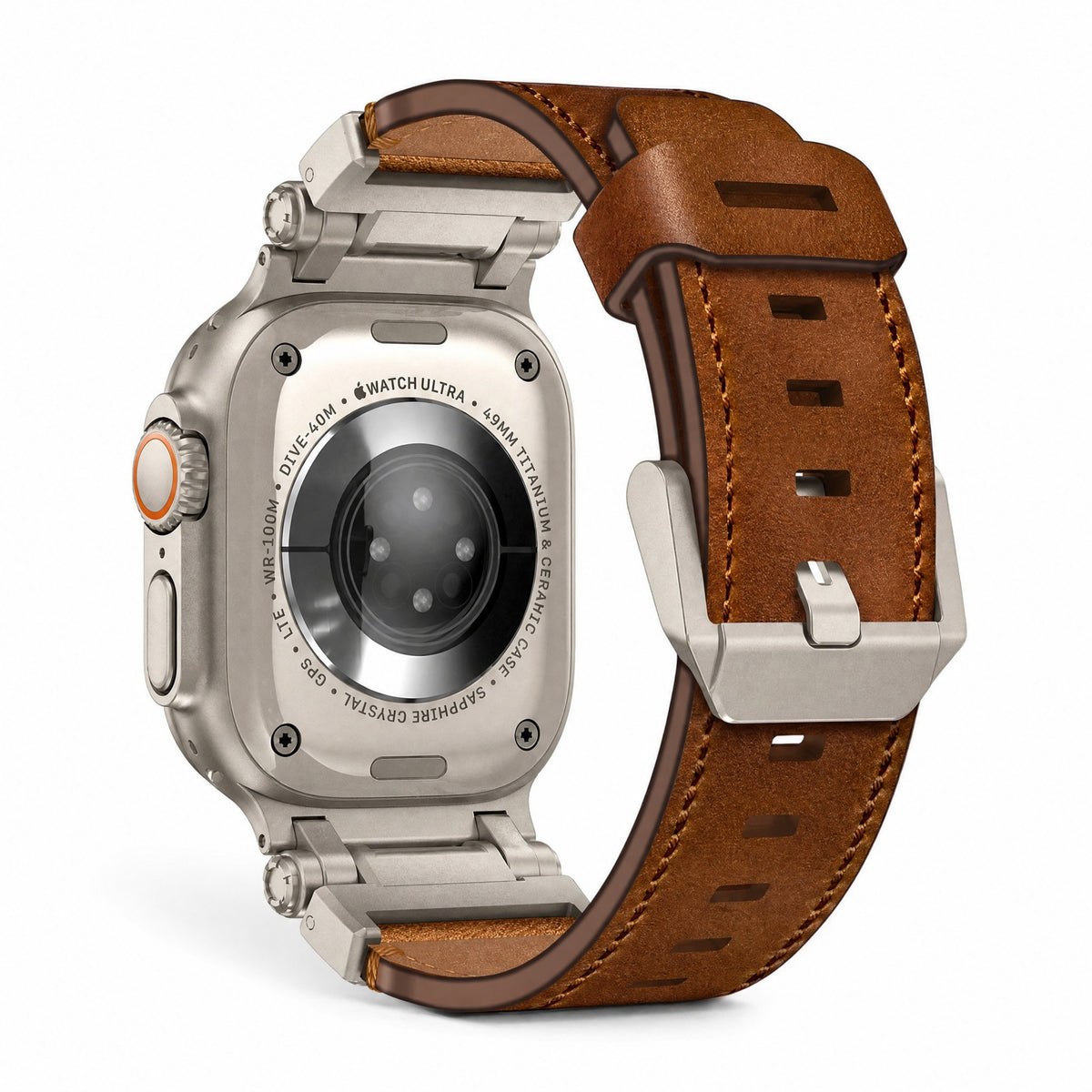 Clipz It Perpetuo brown full-grain leather and brushed titanium watch band attached to an Apple Watch Ultra