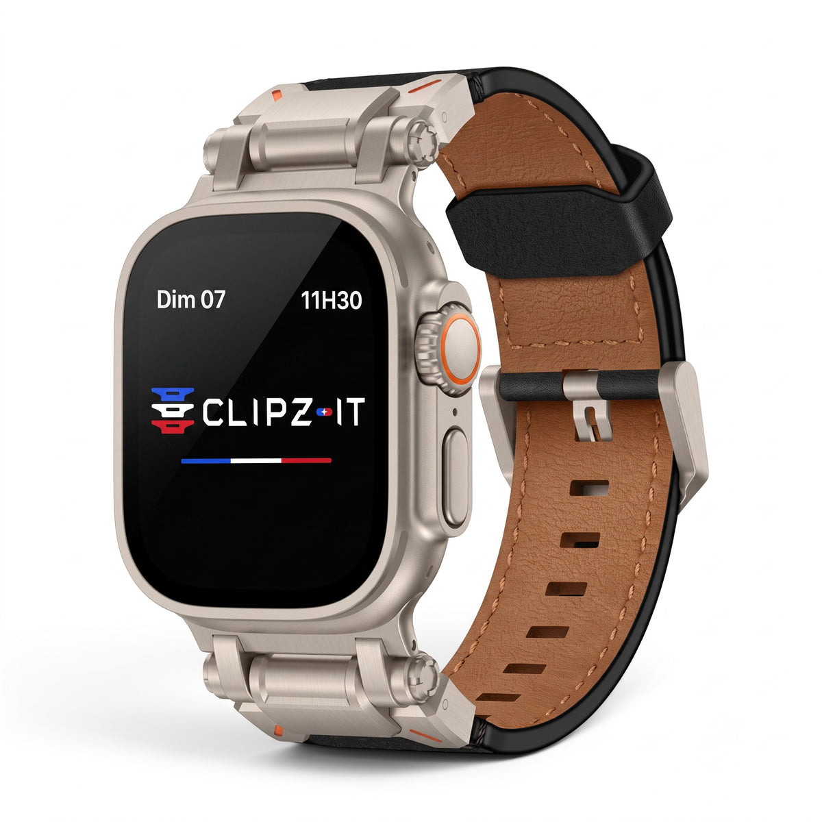 Clipz It Perpetuo leather and brushed titanium watch band attached to an Apple Watch Ultra with a tan leather strap.