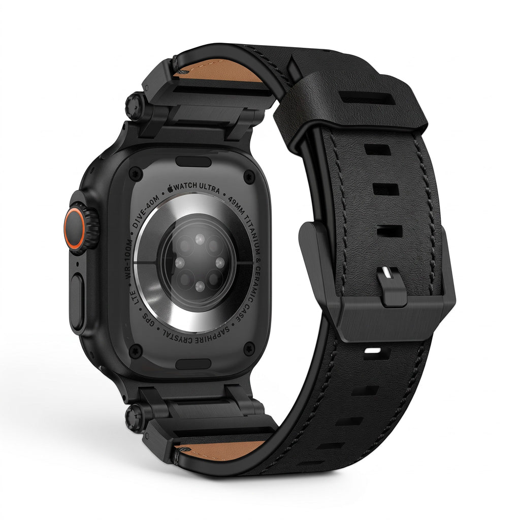 Clipz It Perpetuo black full-grain leather and brushed titanium watch band attached to an Apple Watch Ultra
