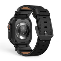 Clipz It Perpetuo black full-grain leather and brushed titanium watch band attached to an Apple Watch Ultra