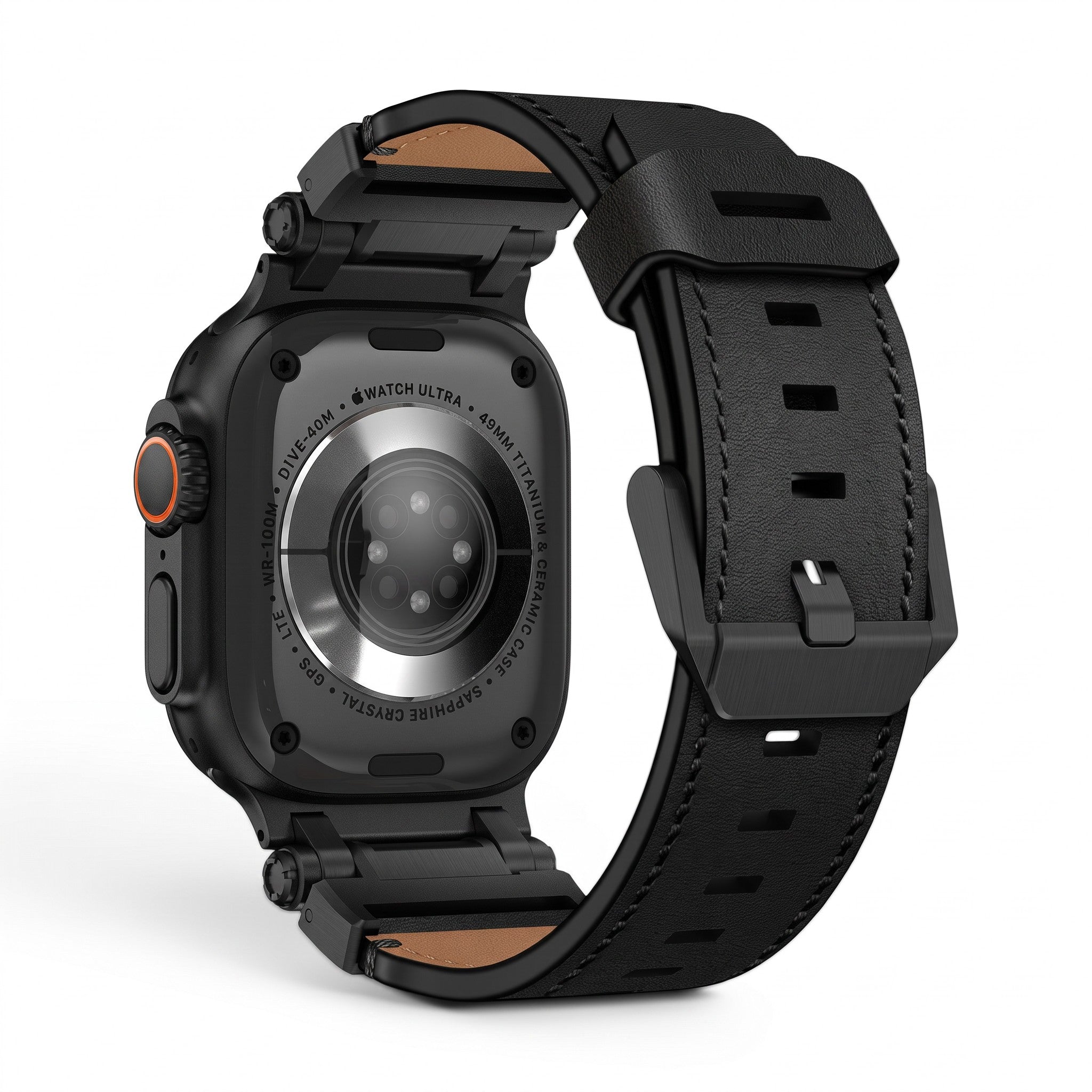 Clipz It Perpetuo black full-grain leather and brushed titanium watch band attached to an Apple Watch Ultra