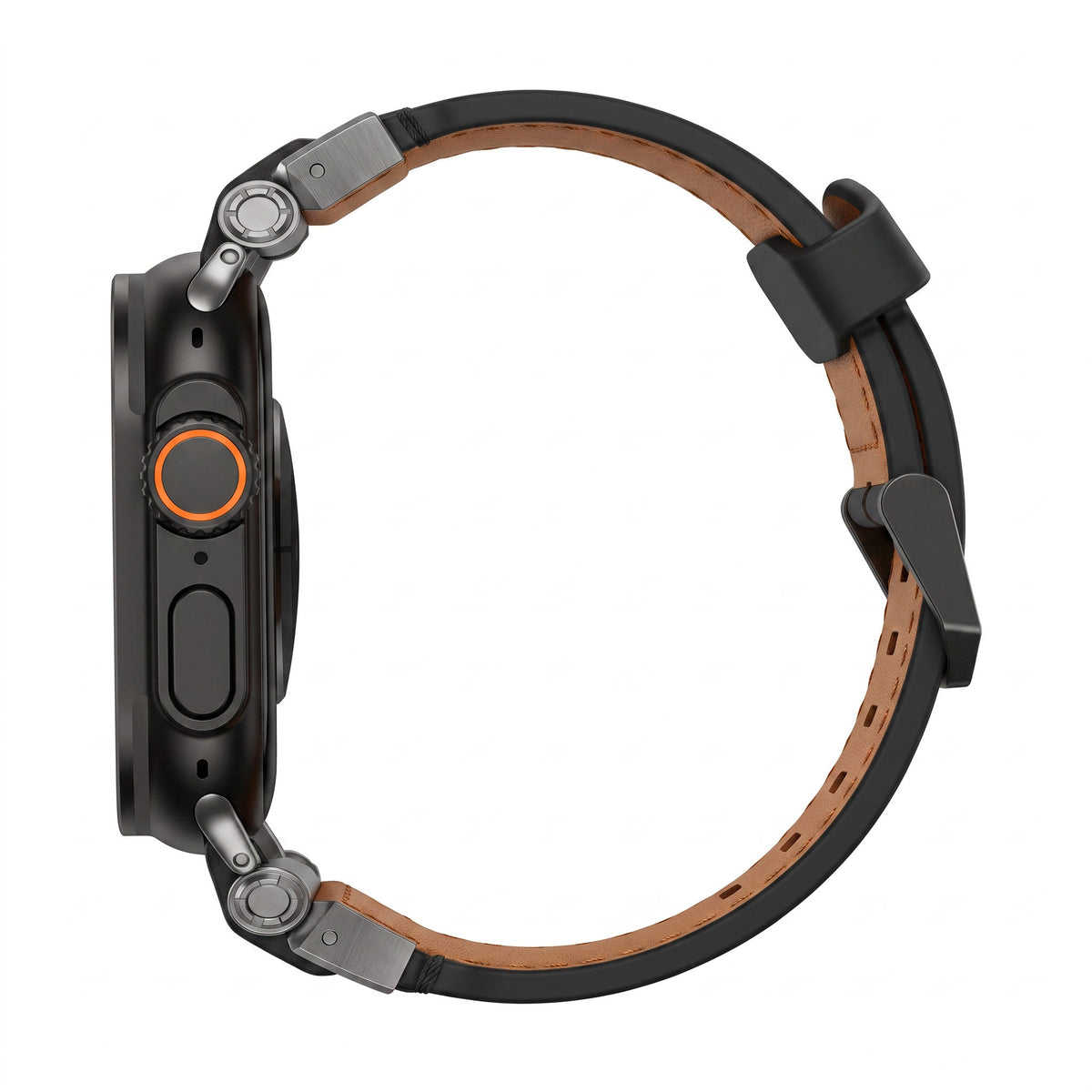 Clipz It Perpetuo black full-grain leather and brushed titanium watch band for Apple Watch side view