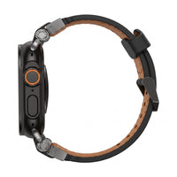 Clipz It Perpetuo black full-grain leather and brushed titanium watch band for Apple Watch side view
