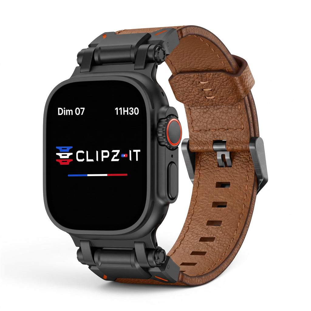 Clipz It Perpetuo brown full-grain leather and brushed titanium watch band for Apple Watch with pin buckle
