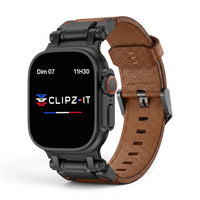 Clipz It Perpetuo brown full-grain leather and brushed titanium watch band for Apple Watch with pin buckle