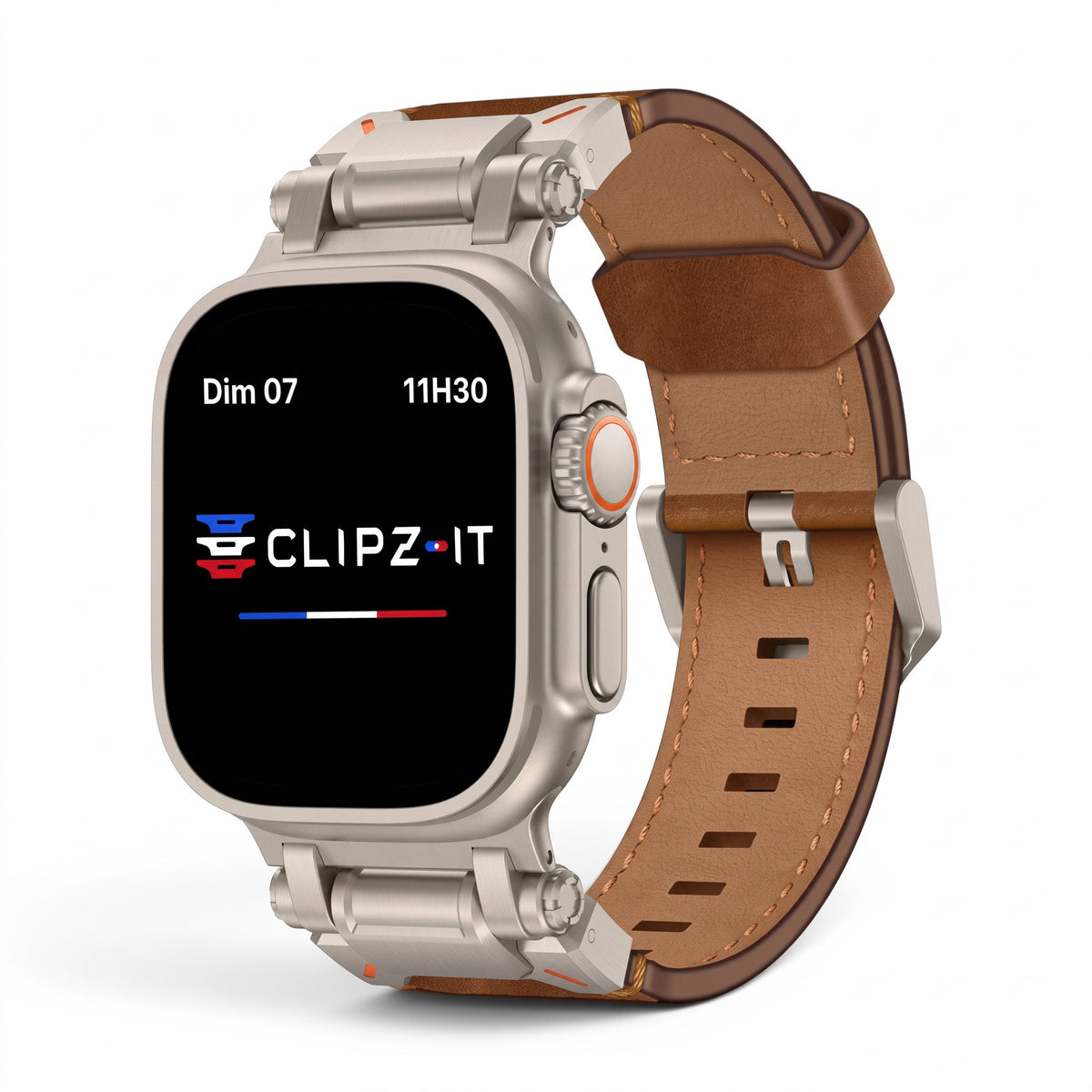 Clipz It Perpetuo leather and brushed titanium watch band for Apple Watch with a classic pin buckle design.