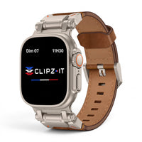 Clipz It Perpetuo leather and brushed titanium watch band for Apple Watch with a classic pin buckle design.