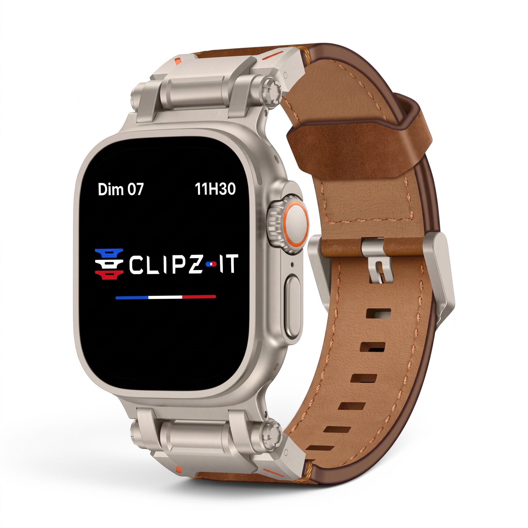 Clipz It Perpetuo leather and brushed titanium watch band for Apple Watch with a classic pin buckle design.