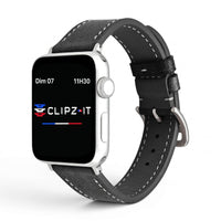 Clipz It Rancher black full-grain leather watch strap with white stitching and steel buckle for Apple Watch