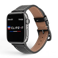 Clipz It Rancher black full-grain leather Apple Watch strap with white stitching and aged steel buckle