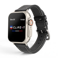 Clipz It Rancher black full-grain leather watch band with white stitching and aged steel buckle on Apple Watch Ultra