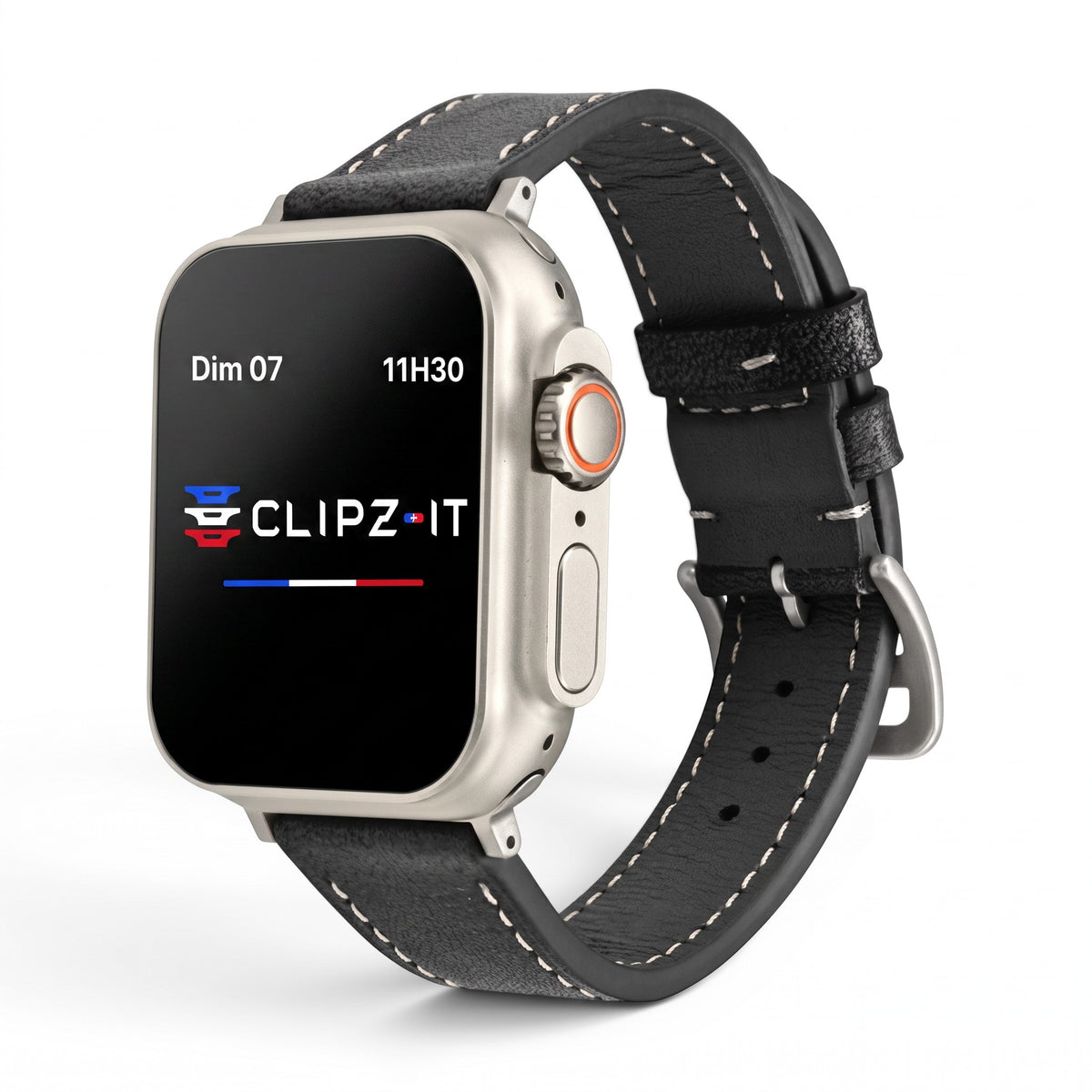Clipz It Rancher black full-grain leather watch band with white stitching and aged steel buckle on Apple Watch Ultra