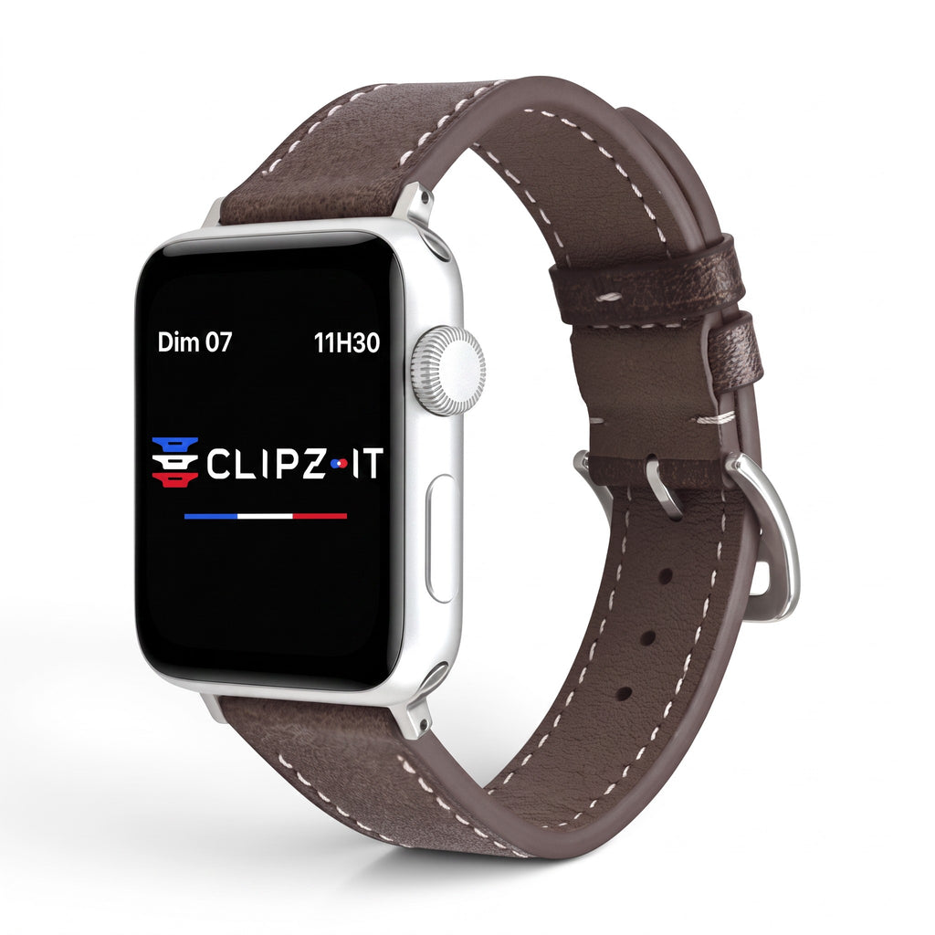 Clipz It Rancher brown full-grain leather Apple Watch strap with contrast stitching and aged steel buckle