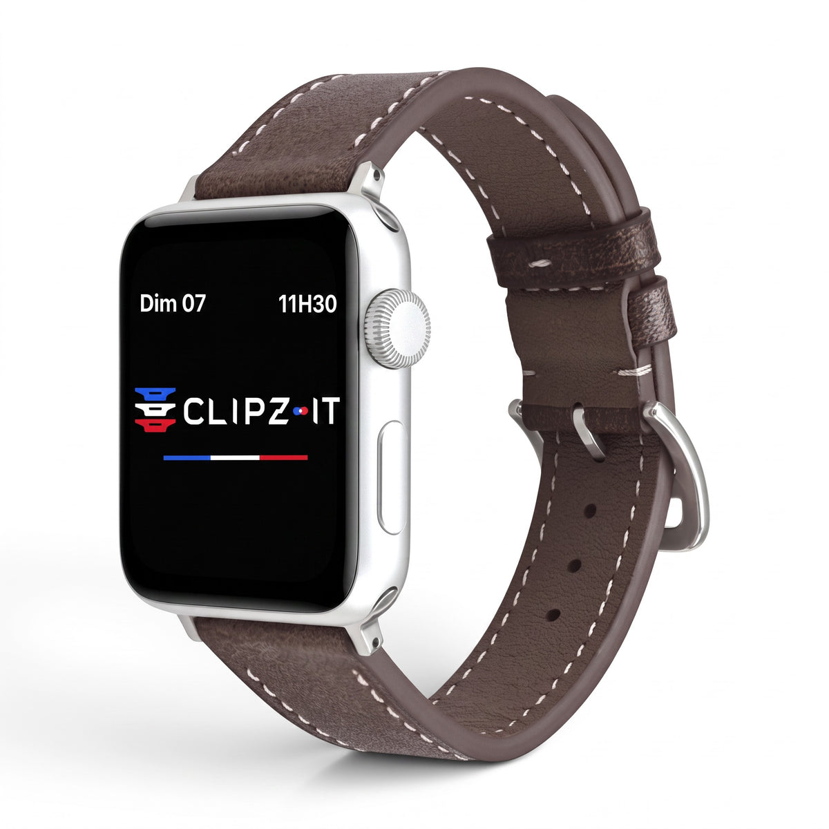 Clipz It Rancher brown full-grain leather Apple Watch strap with contrast stitching and aged steel buckle