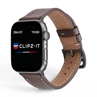 Clipz It Rancher brown full-grain leather Apple Watch strap with aged steel buckle and hand-painted edges