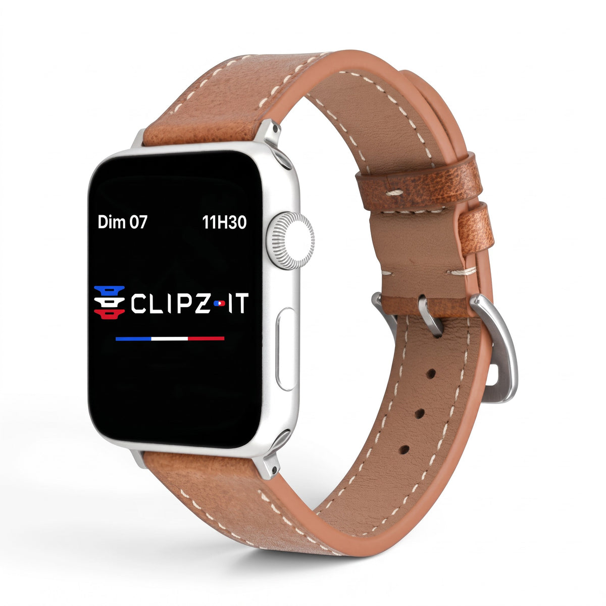 Clipz It Rancher tan full-grain leather watch strap for Apple Watch with aged steel buckle and hand-painted edges
