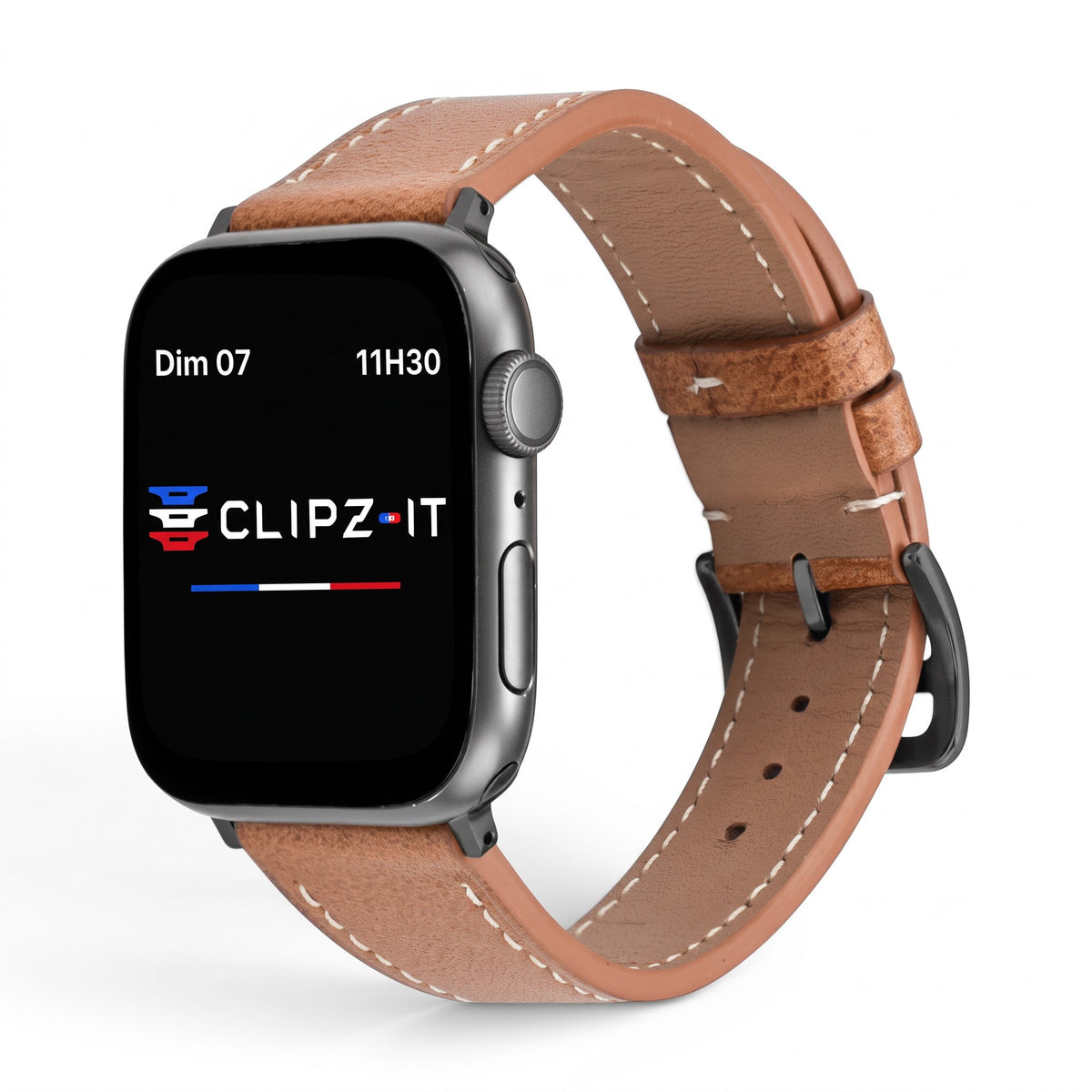 Clipz It Rancher full-grain tan leather watch strap with aged steel buckle for Apple Watch