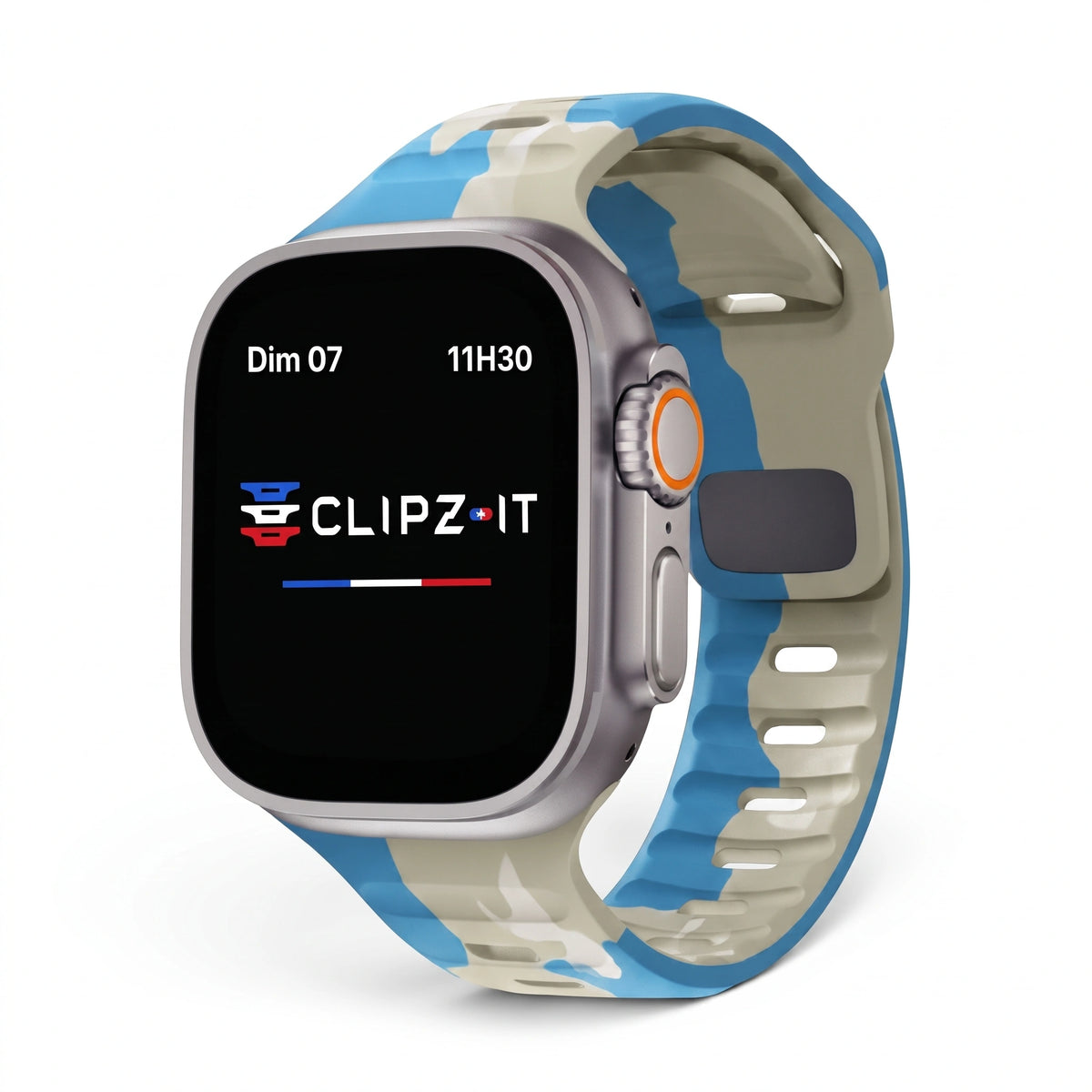 Clipz It Rhythm camouflage silicone sport watch band in blue and beige for Apple Watch with Pin and Tuck closure