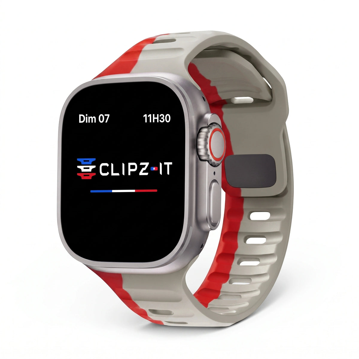 Clipz It Rhythm sport silicone watch band in red and white, featuring a pin and tuck closure for Apple Watch.