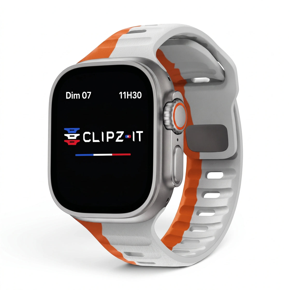 Clipz It Rhythm sport silicone watch band in white and orange on an Apple Watch with stainless steel hardware