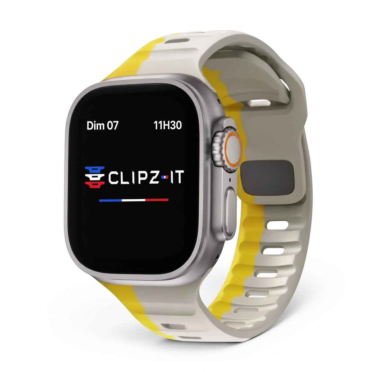 Clipz It Rhythm sport silicone watch band in white and yellow for Apple Watch with pin and tuck closure