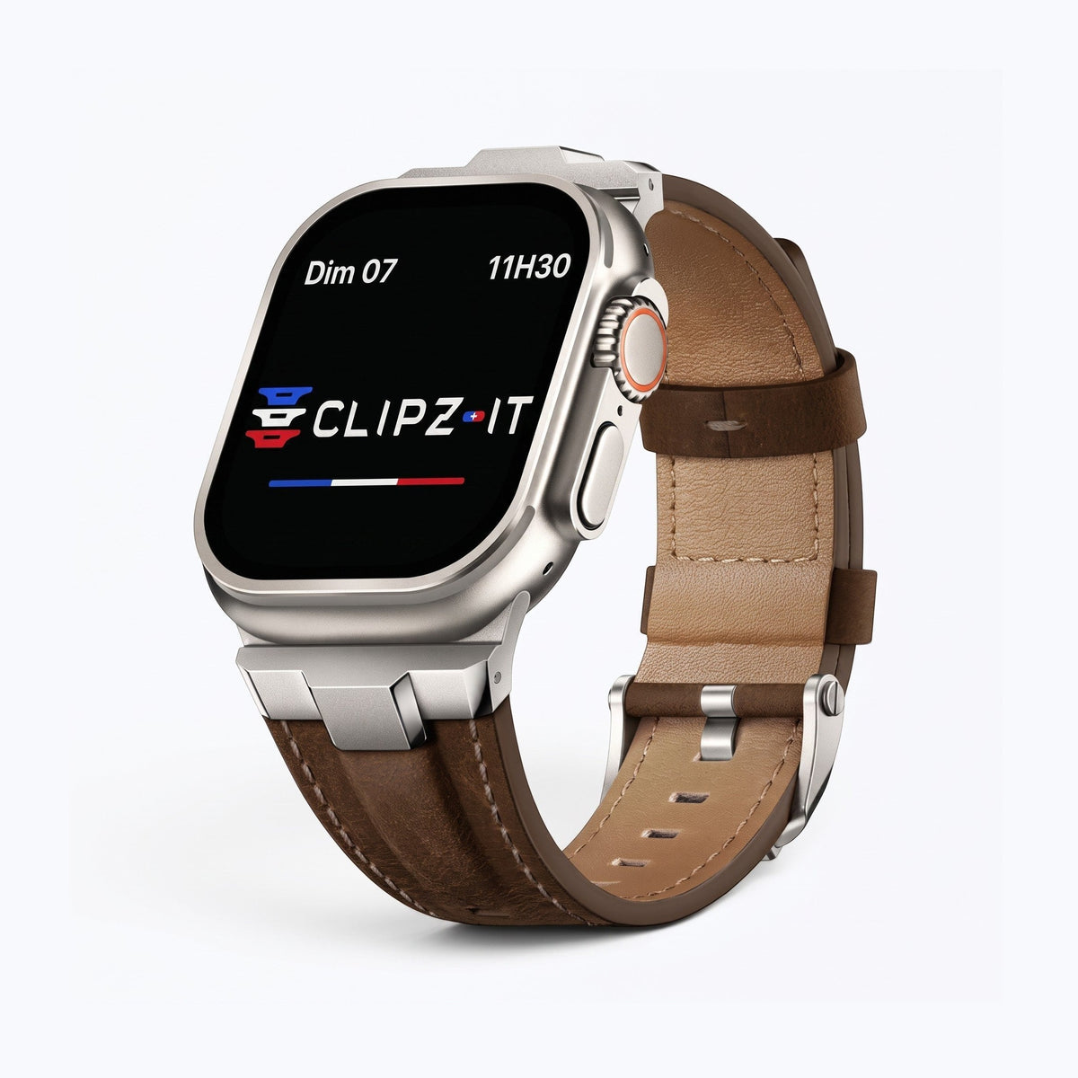 Clipz It Saga brown leather watch band with brushed titanium clasp on an Apple Watch Ultra