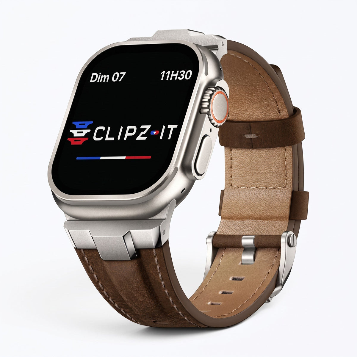 Clipz It Saga brown leather watch band with brushed titanium clasp on an Apple Watch Ultra