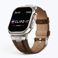 Clipz It Saga brown leather watch band with brushed titanium clasp on an Apple Watch Ultra