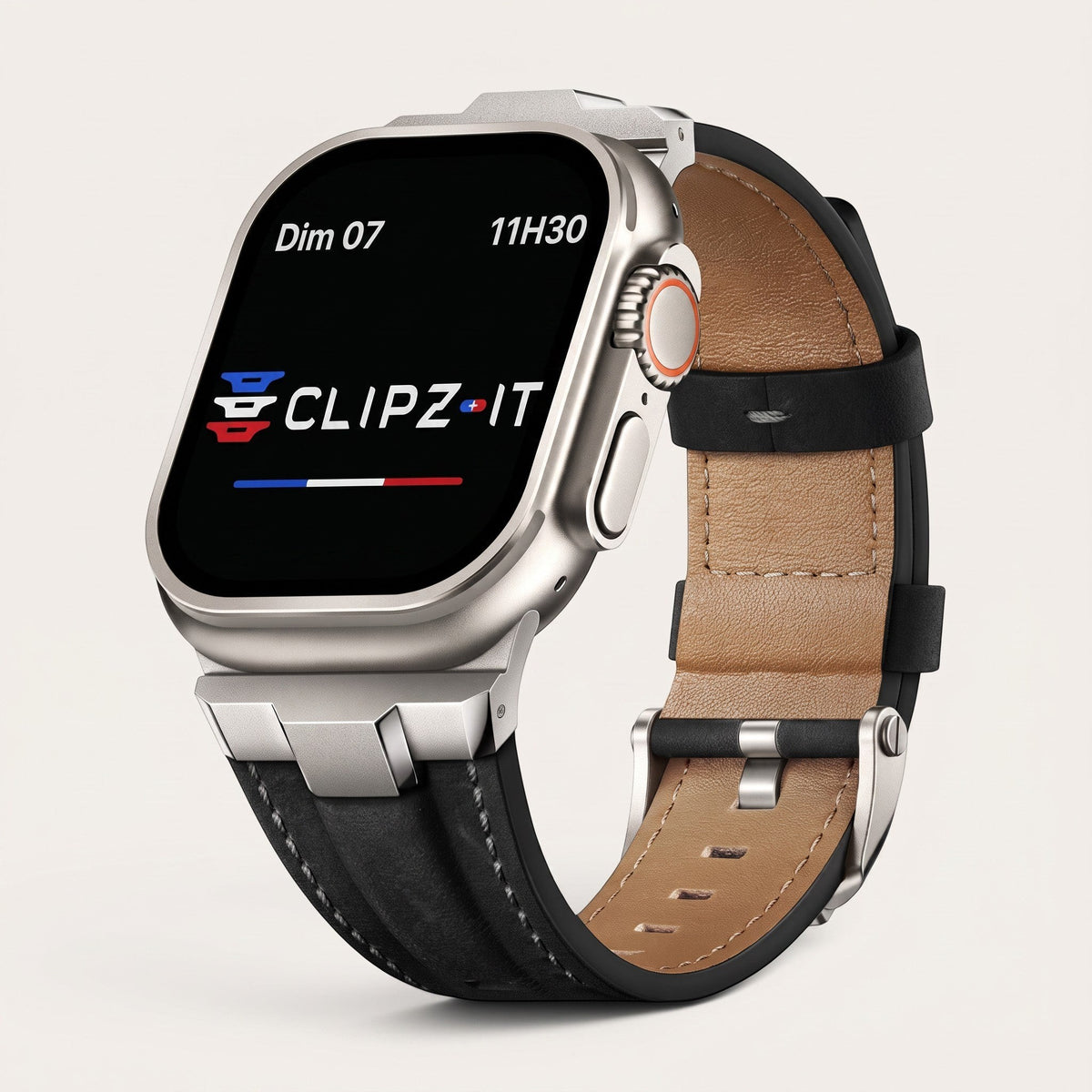 Clipz It Saga leather and brushed titanium watch band for Apple Watch Ultra in black with hand-stitched details