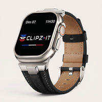 Clipz It Saga leather and brushed titanium watch band for Apple Watch Ultra in black with hand-stitched details