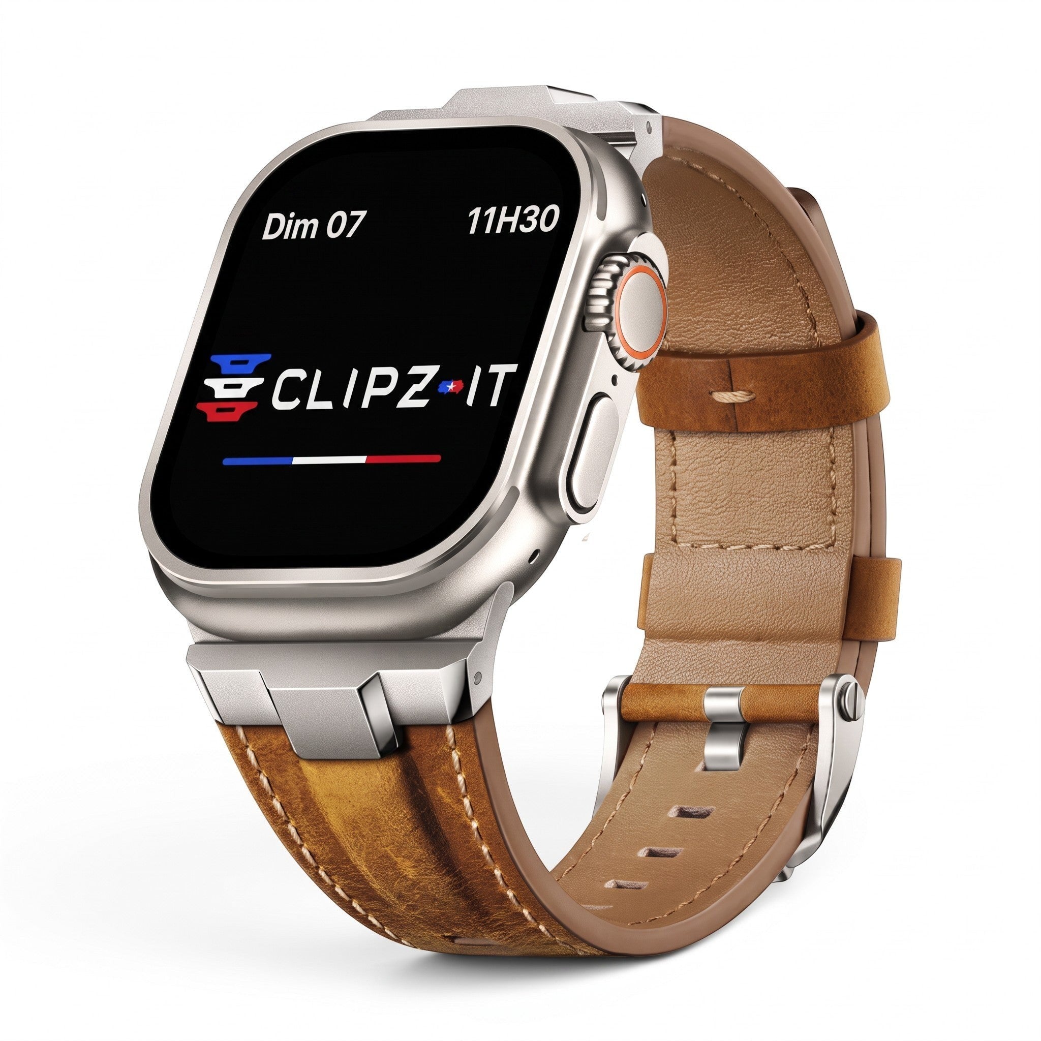 Clipz It Saga brown full-grain leather watch strap with brushed titanium clasp on an Apple Watch Ultra