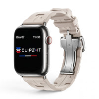 Clipz It Silica beige premium silicone Apple Watch strap with stainless steel butterfly clasp on a white background
