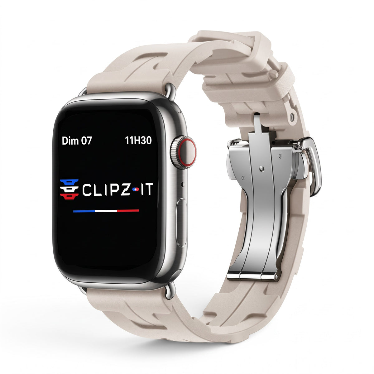 Clipz It Silica beige premium silicone Apple Watch strap with stainless steel butterfly clasp on a white background