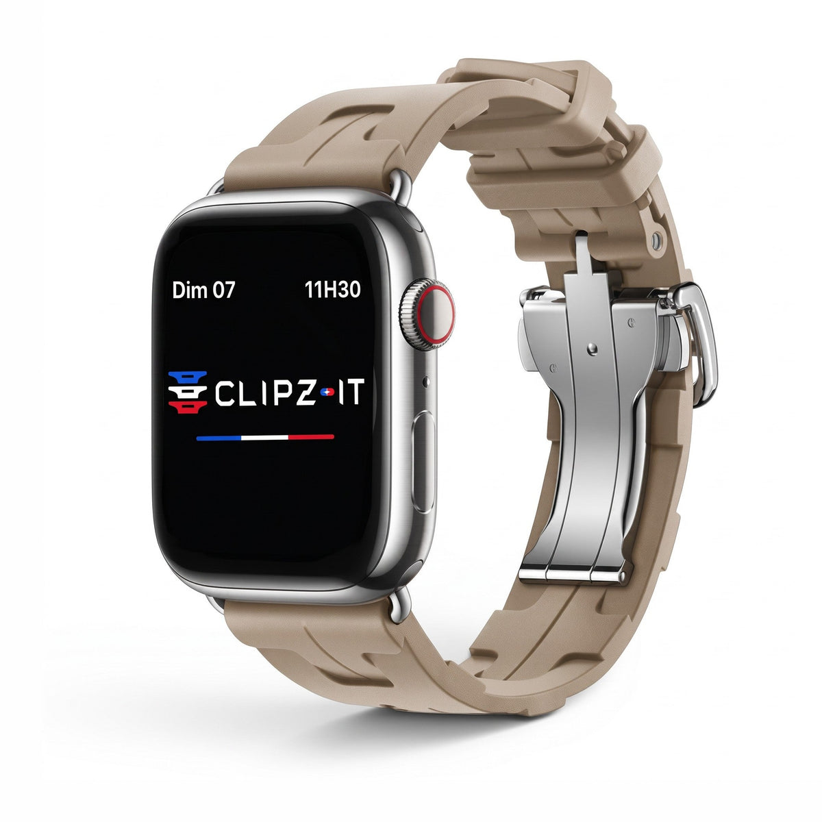 Clipz It Silica beige silicone Apple Watch strap with a premium stainless steel butterfly clasp