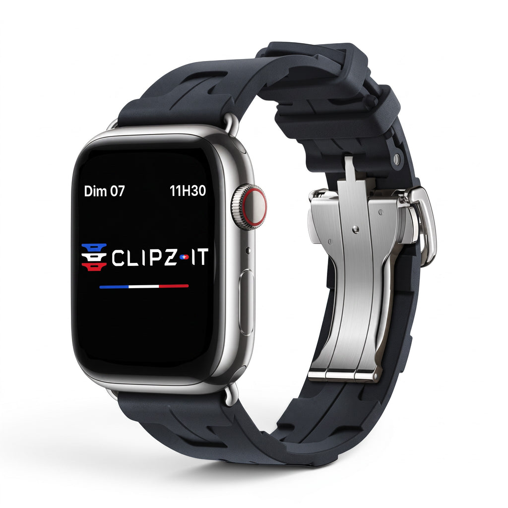 Clipz It Silica black premium silicone Apple Watch strap with stainless steel butterfly clasp on a silver watch case