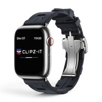 Clipz It Silica black premium silicone Apple Watch strap with stainless steel butterfly clasp on a silver watch case