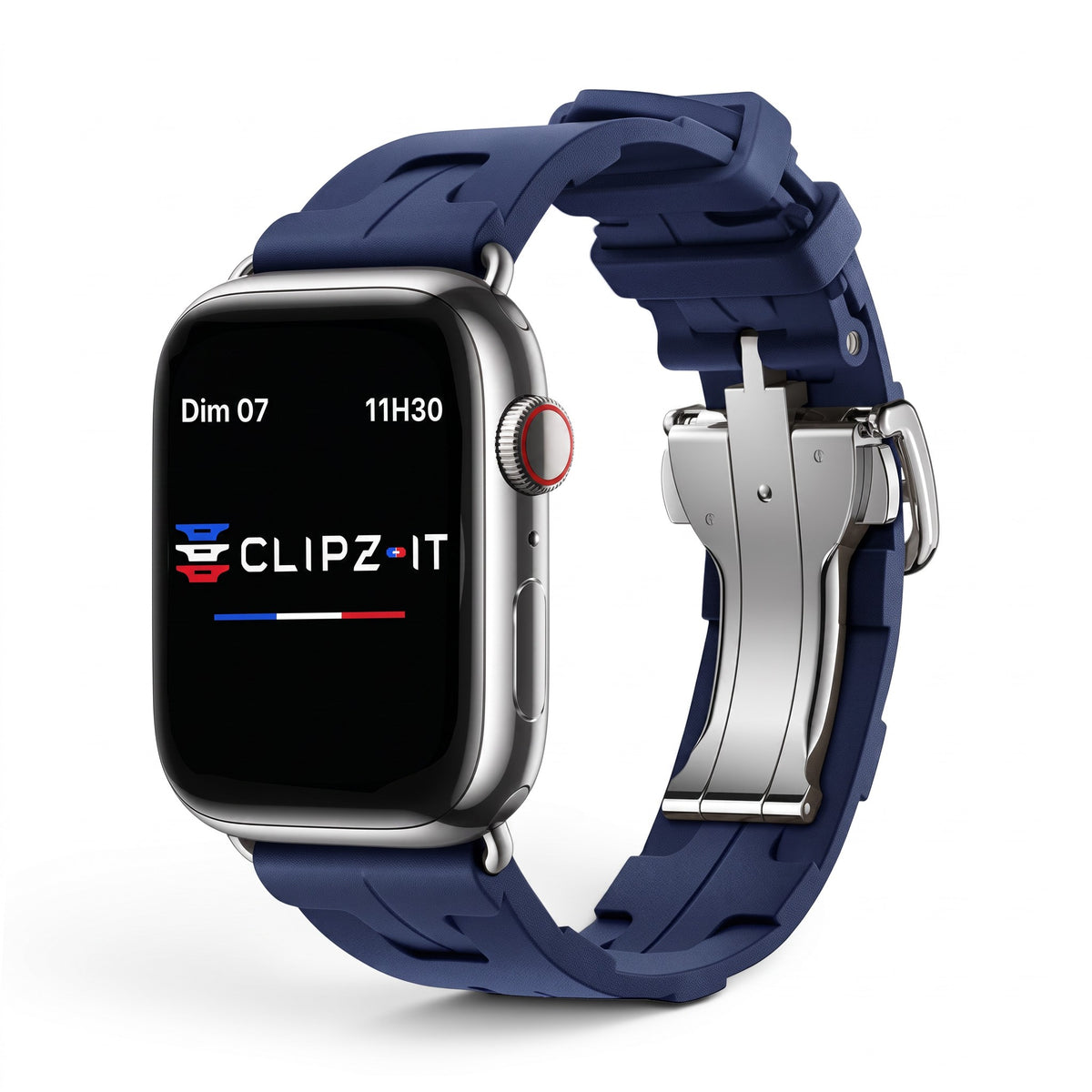 Clipz It Silica navy blue premium silicone watch band with stainless steel butterfly clasp for Apple Watch