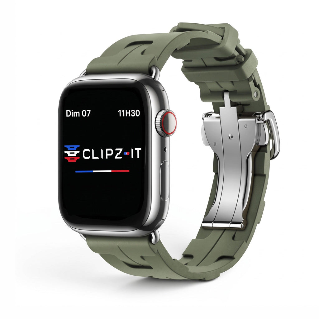 Clipz It Silica olive green silicone Apple Watch strap with a stainless steel butterfly clasp and soft-touch finish.
