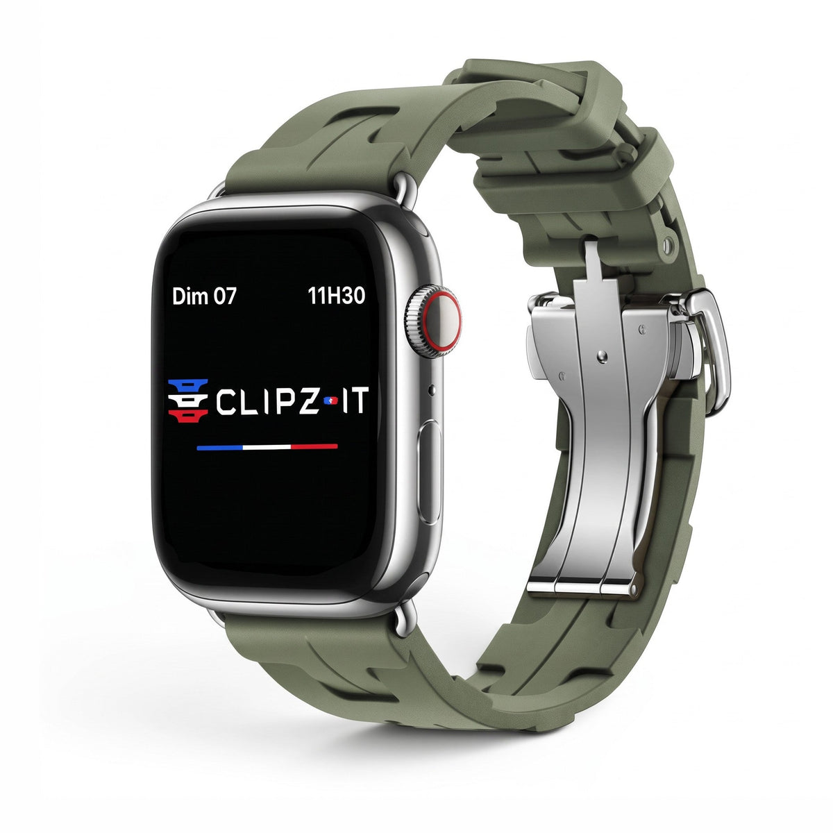 Clipz It Silica olive green silicone Apple Watch strap with a stainless steel butterfly clasp and soft-touch finish.