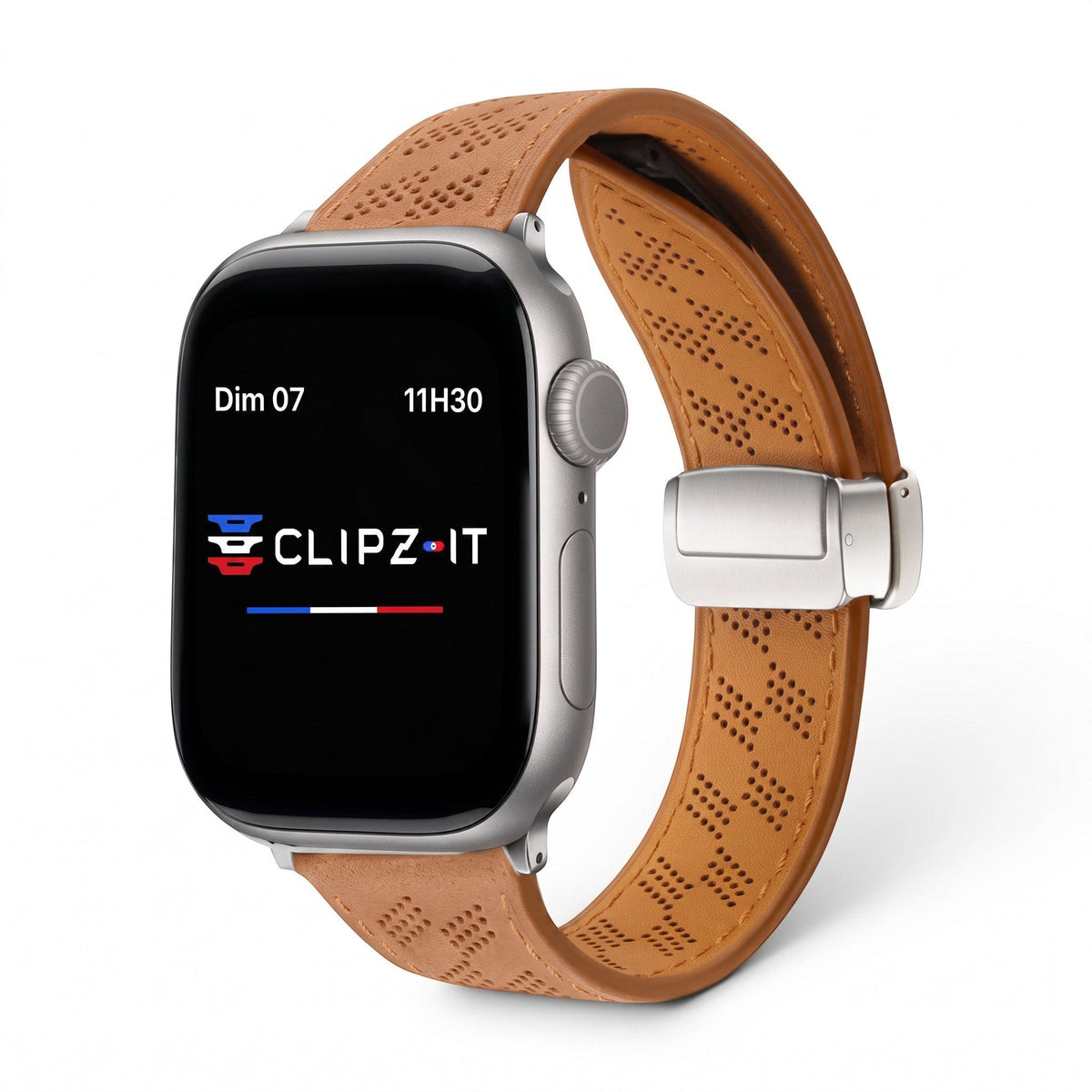 Clipz It tan perforated leather watch band with magnetic clasp attached to a silver Apple Watch