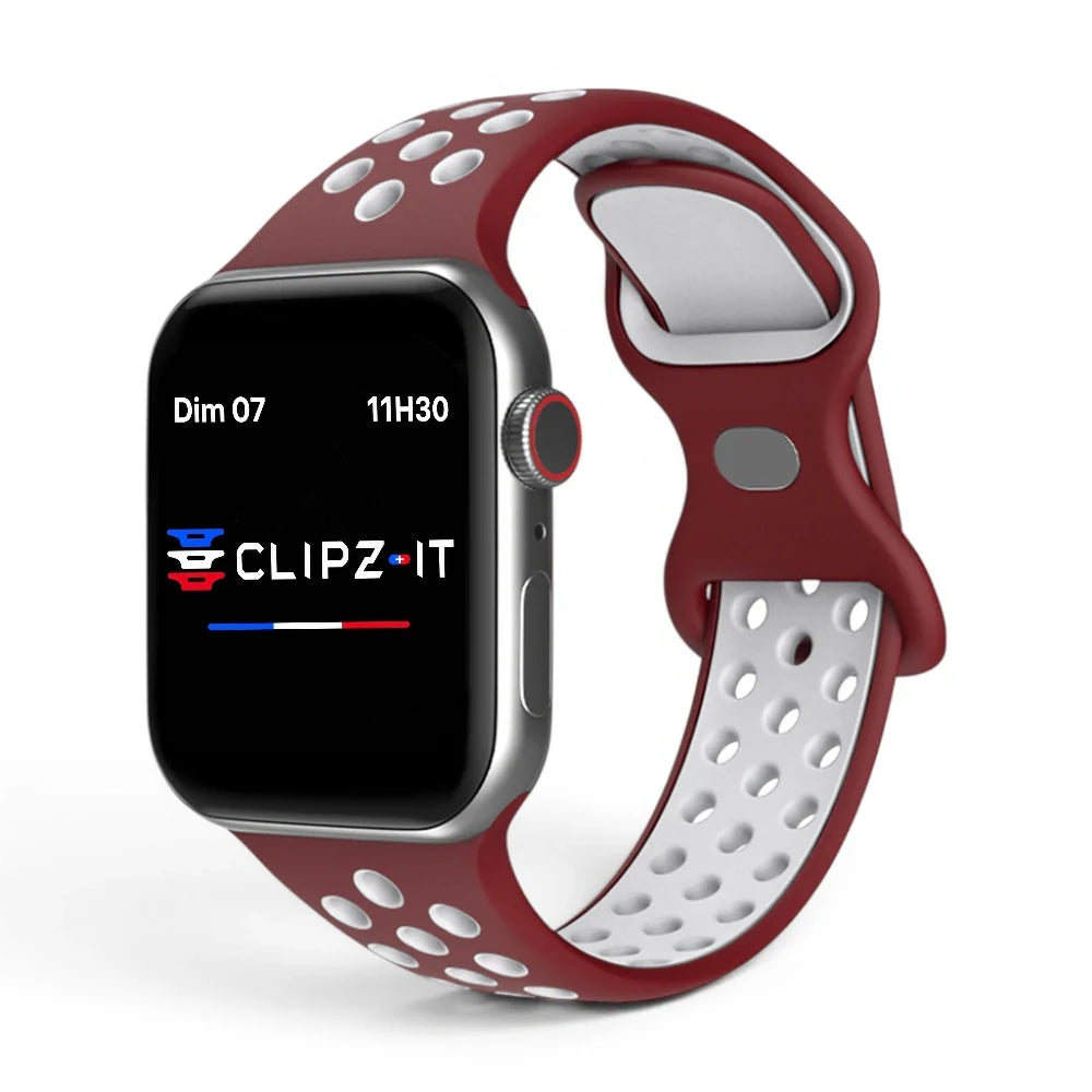 Bracelet Activo Silicone sportif vue de face couleur Bordeaux pour Apple Watch - Clipz-it