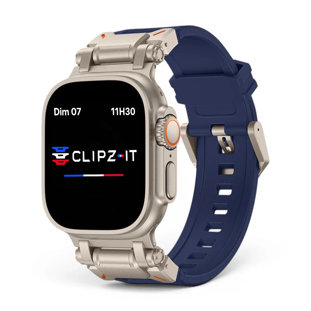 Bracelet Aegis silicone et titane couleur Bleu finition Titane pour Apple Watch - Clipz-it