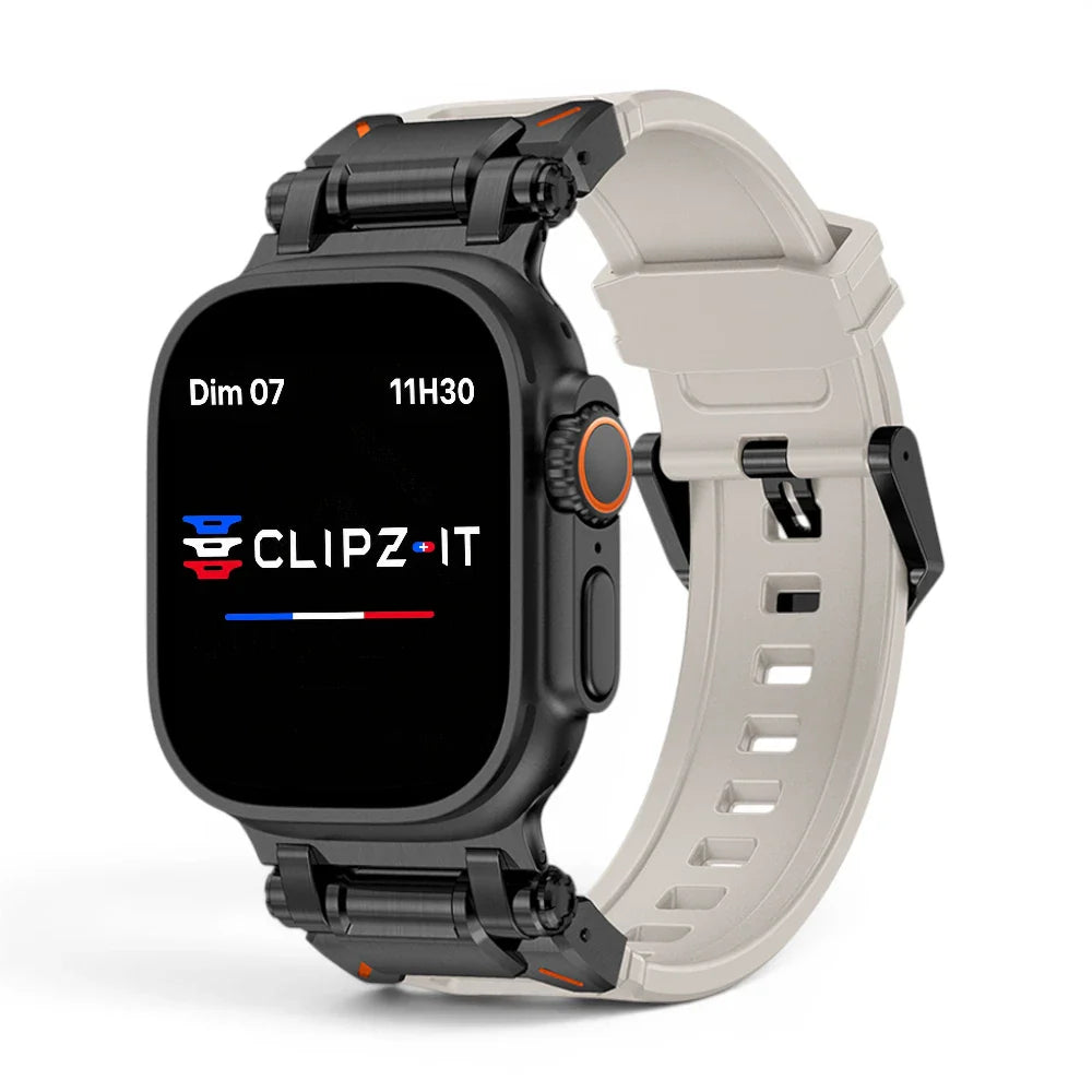 Bracelet Aegis silicone et titane couleur Gris finition Noir pour Apple Watch - Clipz-it