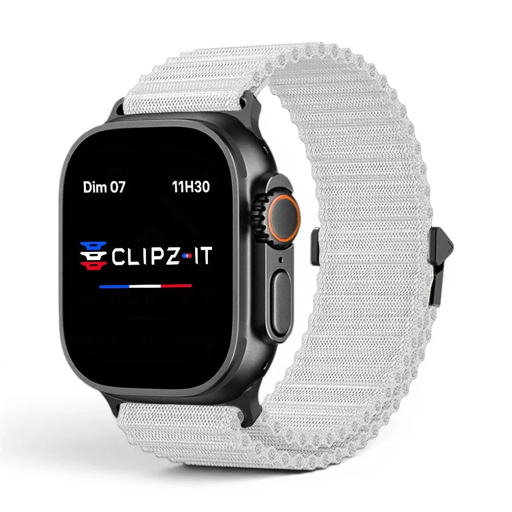 Bracelet Athletic Nylon sportif vue de face couleur Gris pour Apple Watch - Clipz-it