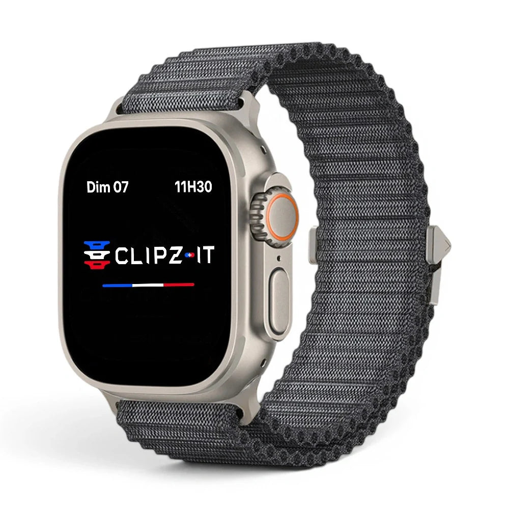 Bracelet Athletic Nylon sportif couleur Noir finition Titane pour Apple Watch - Clipz-it