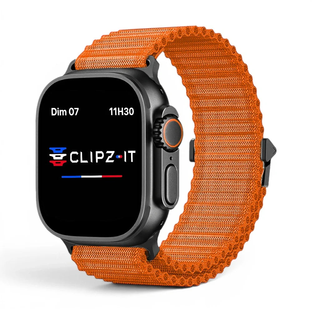 Bracelet Athletic Nylon sportif vue de face couleur Orange pour Apple Watch - Clipz-it