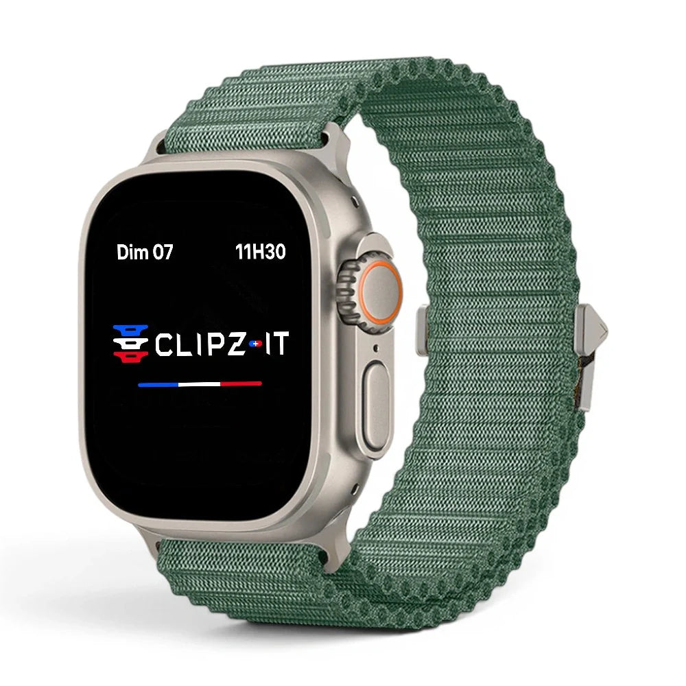 Bracelet Athletic Nylon sportif couleur Vert finition Titane pour Apple Watch - Clipz-it