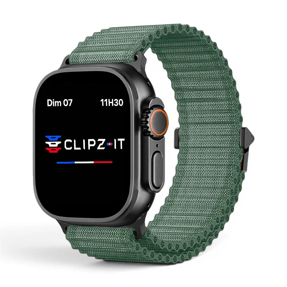 Bracelet Athletic Nylon sportif vue de face couleur Vert pour Apple Watch - Clipz-it